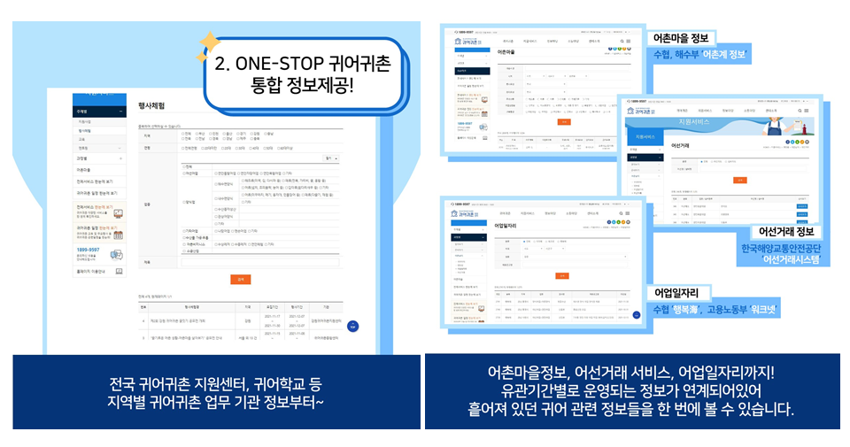 2. ONE-STOP 귀어귀촌 통합 정보제공!
						전국 귀어귀촌지원센터, 귀어학교 등
						지역별 귀어귀촌 업무 기관 정보부터
						어촌마을정보, 어선거래 서비스, 어업일자리까지!
						유관기간별로 운영되는 정보가 연계되어있어
						흩어져 있던 귀어 관련 정보들을 한 번에 볼 수 있습니다.