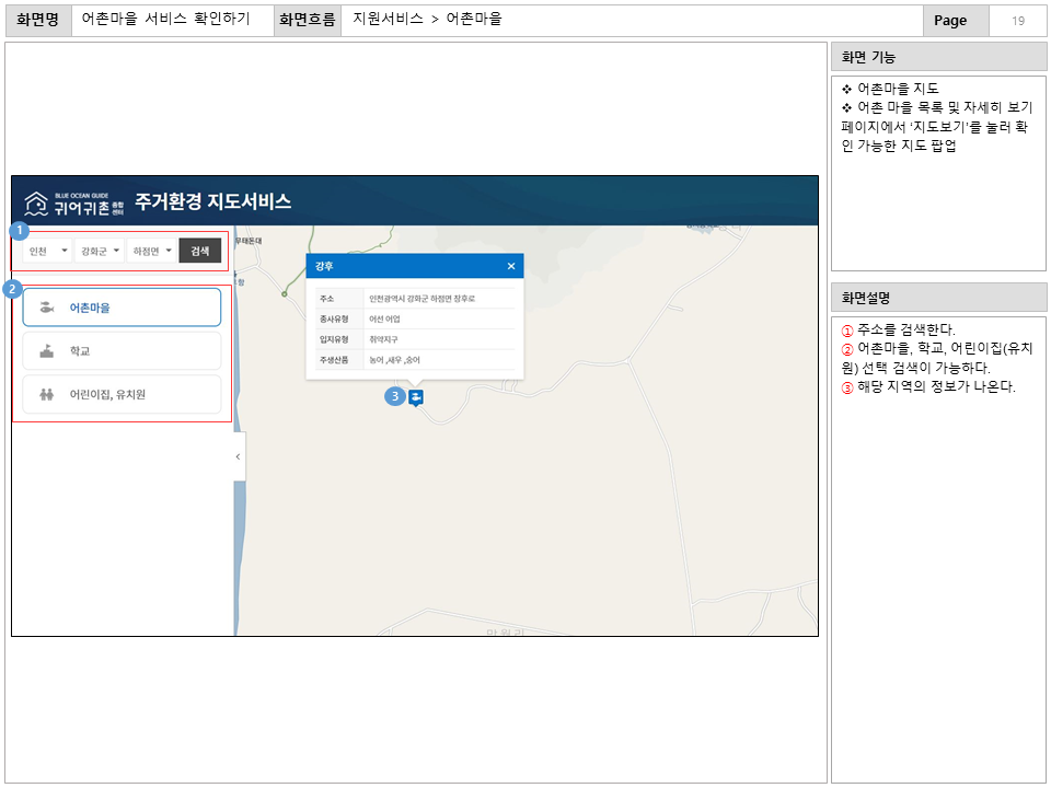 화면명 : 어촌마을 서비스 확인하기
						화면흐름 : 지원서비스 > 어촌마을
						화면 기능
						* 어촌마을 지도
						* 어촌 마을 목록 및 자세히 보기
						페이지에서 ‘지도보기'를 눌러 확
						인 가능한 지도 팝업
						화면설명
						① 주소를 검색한다.
						② 어촌마을, 학교, 어린이집(유치
						원) 선택 검색이 가능하다.
						③ 해당 지역의 정보가 나온다.