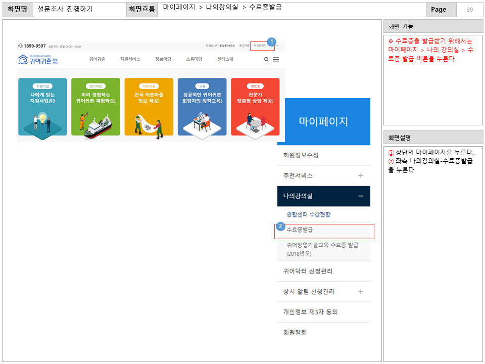 화면명 : 설문조사 진행하기
						화면흐름 : 마이페이지 > 나의강의실 > 수료증발급
						화면 기능
						* 수료증을 발급받기 위해서는
						마이페이지 > 나의 강의실 > 수료증 발급 버튼을 누른다
						화면설명
						① 상단의 마이페이지를 누른다.
						② 좌측 나의강의실-수료증발급을 누른다.