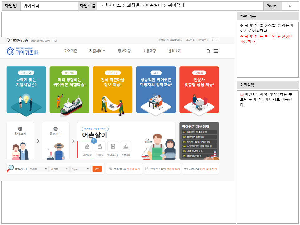 화면명 : 귀어닥터
						화면흐름 : 지원서비스 > 과정별 > 어촌살이 > 귀어닥터
						화면 기능
						* 귀어닥터를 신청할 수 있는 페이지로 이동한다
						* 귀어닥터는 로그인 후 신청이 가능하다.
						화면설명
						① 메인화면에서 귀어닥터를 누르면 귀어닥터 페이지로 이동한다.