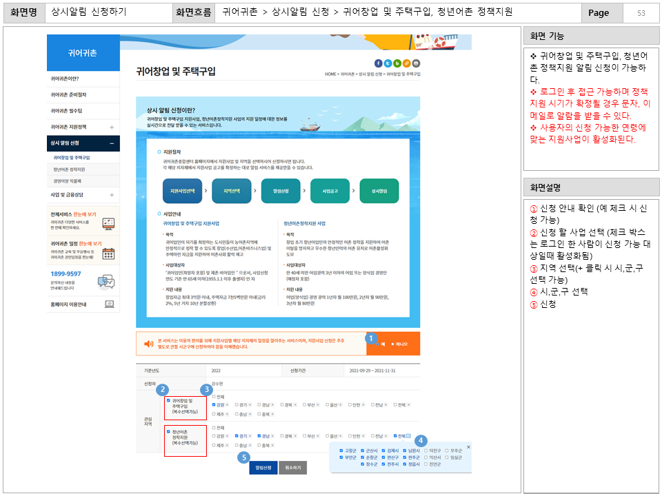화면명 : 상시알림 신청하기
						화면흐름 : 귀어귀촌 > 상시알림 신청 > 귀어창업 및 주택구입, 청년어촌 정책지원
						화면 기능
						* 귀어창업 및 주택구입, 청년어촌 정책지원 알림 신청이 가능하다.
						* 로그인 후 접근 가능하며 정책지원 시기가 확정될 경우 문자, 
						이메일로 알람을 받을 수 있다.
						* 사용자의 신청 가능한 연령에 맞는 지원사업이 활성화된다.
						화면설명
						① 신청 안내 확인 (예 체크 시 신청 가능)
						② 신청할 사업 선택 (체크 박스는 로그인 한 
						사람이 신청 가능 대상일때 활성화됨)
						③ 지역 선택(+ 클릭 시 시,군,구 선택 가능)
						④ 시,군,구 선택
						⑤ 신청