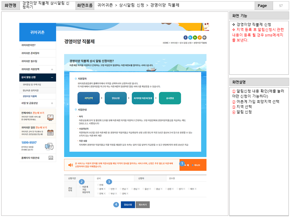 화면명 : 경영이양 직불제 상시알림 신청하기
						화면흐름 : 귀어귀촌 > 상시알림 신청 > 경영이양 직불제
						화면기능
						* 경영이양 직불제 신청
						* 지역 등록 후 알림신청시 관련 내용이 등록 될 경우 sms메세지를 보낸다.
						화면설명
						① 알림신청 내용 확인(예를 눌러야만 신청이 가능하다)
						② 어촌계 가입 희망지역 선택
						③ 지역 선택
						④ 알림 신청