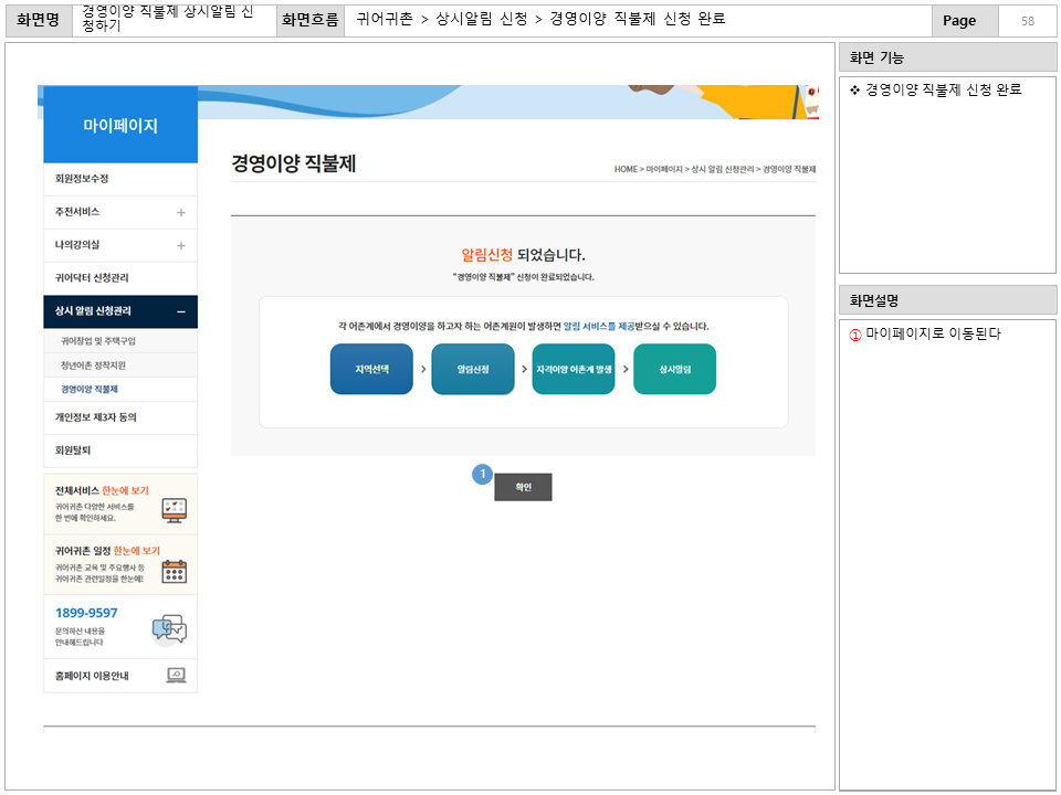 화면명 : 경영이양 직불제 상시알림 신청하기
						화면흐름 : 귀어귀촌 > 상시알림 신청 > 경영이양 직불제 신청 완료
						화면 기능
						* 경영이양 직불제 신청 완료
						화면설명
						ⓘ 마이페이지로 이동된다